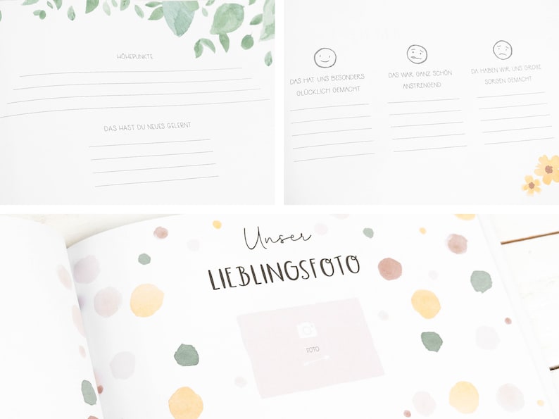 May include: A white baby memory book with a watercolor design of green leaves and yellow flowers. The book has a section for a favorite photo with the text "Unser Lieblingsfoto" and a space for a photo.