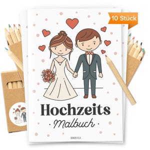 Könnte beinhalten: Ein Malbuch mit einer Cartoon-Illustration eines Brautpaares, das sich an den Händen hält. Das Buch hat den Text "Hochzeits Malbuch" und "10 Stück" auf dem Cover. Das Buch wird mit einem Satz von 10 Buntstiften geliefert.