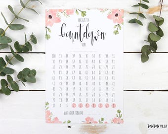 Hochzeits-Countdown, 100 Tage - Bloomy, Hochzeit Kalender, Verlobungsgeschenk, Tage bis Hochzeit, Geschenk für Brautpaar