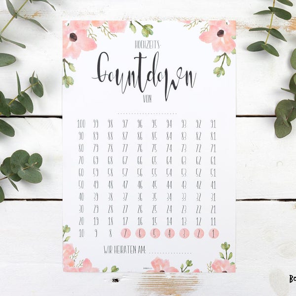 Hochzeits-Countdown, 100 Tage - Bloomy, Hochzeit Kalender, Verlobungsgeschenk, Tage bis Hochzeit, Geschenk für Brautpaar