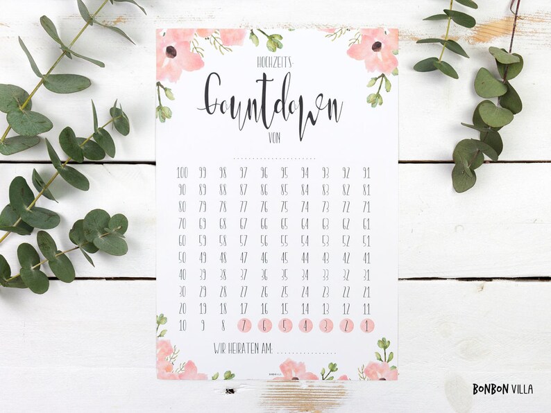 Wedding Countdown 100 Days bloomy Wedding Calendar Etsy New Zealand