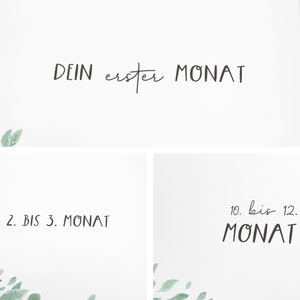 May include: A white page with black text that reads "DEIN erster MONAT", "2. BIS 3. MONAT", and "10. bis 12. MONAT". The page is decorated with green watercolor leaves.