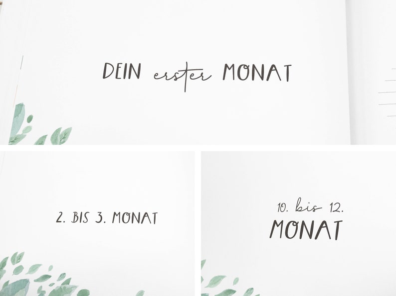 May include: A white page with black text that reads "DEIN erster MONAT", "2. BIS 3. MONAT", and "10. bis 12. MONAT". The page is decorated with green watercolor leaves.