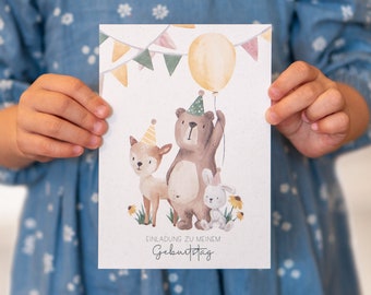 Children's birthday invitation cards, children's birthday invitation Bruno Bär, forest animals, DIN A6