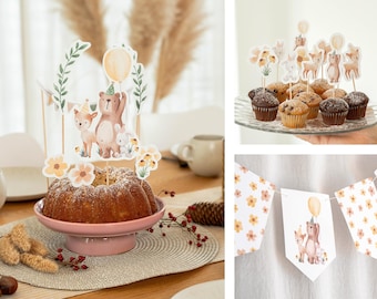 Verjaardagsversiering met bosdieren, kinderfeestje, PDF om af te drukken