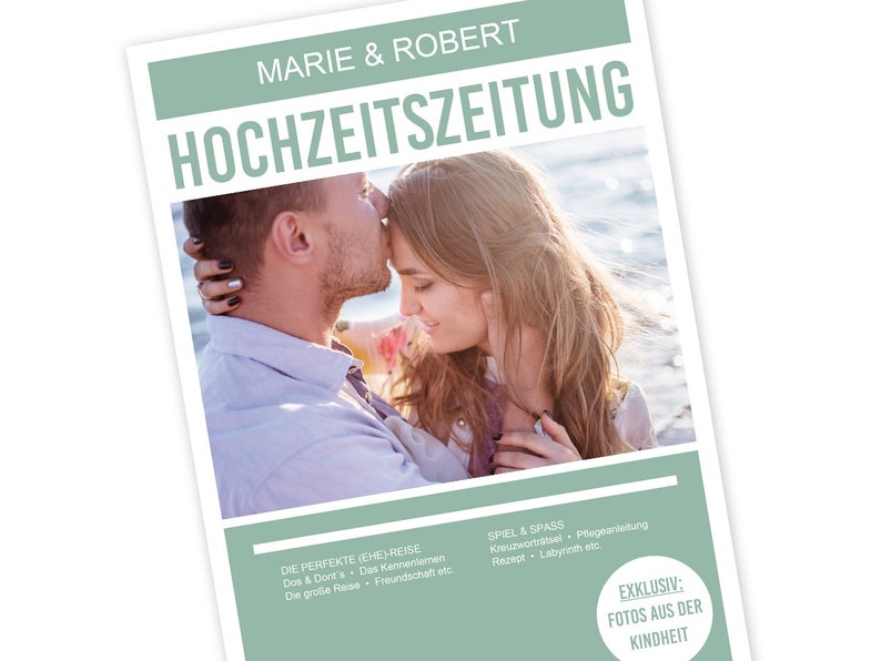 Vorlage Hochzeitszeitung, selber gestalten, Tipps und Ideen, 9 Muster zum herunterladen und ausdrucken, selber machen, deutsch Bild 1