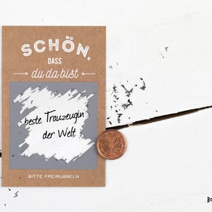 Gastgeschenke Hochzeit, Rubbellos 25 Stück, Rubbelkarten, Kraftpapierlook, Braun, *Schön, dass du da bist*