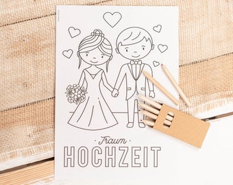 May include: A black and white colouring page featuring a bride and groom with the text "Traum Hochzeit" which translates to "Dream Wedding". The page is accompanied by a set of coloured pencils.