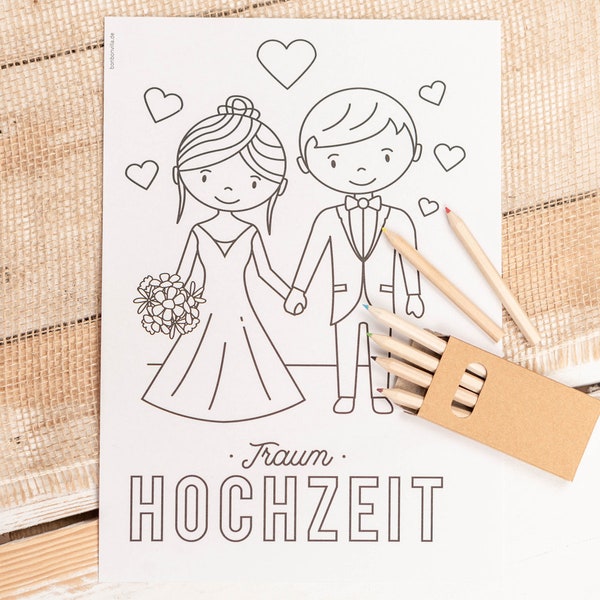 Malvorlage Hochzeit, Ausmalbild  Brautpaar, DIN A4, PDF Datei zum herunterladen und ausdrucken