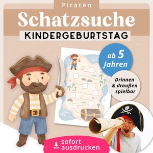 May include: A promotional image for a pirate-themed birthday party. The design features a cartoon pirate holding a sword, a treasure map, and the text "Schatzsuche Kindergeburtstag" (Treasure Hunt Birthday). Includes the text "ab 5 Jahren" (from 5 years).