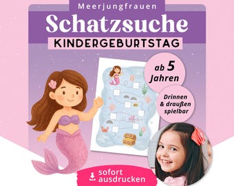 Búsqueda del tesoro de sirenas para cumpleaños infantiles, juego de búsqueda listo para usar, para niños a partir de 5 años, con adivinanzas, PDF imprimible.