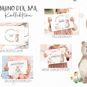 May include: A set of four illustrated printable cards featuring a brown bear with a balloon. The cards are titled "My First Year", "My Birthdays", "My Vacation Days", and "My Friends Book".