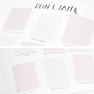 May include: A white and pink chart with the text "DEIN 1. JAHR" at the top. The chart is divided into squares with text in German, such as "HEUTE BIST DU IMONAT ALT" and "ENDLICH: 2 MONATE".
