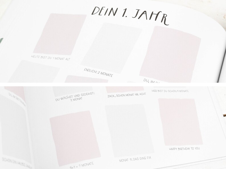 May include: A white and pink chart with the text "DEIN 1. JAHR" at the top. The chart is divided into squares with text in German, such as "HEUTE BIST DU IMONAT ALT" and "ENDLICH: 2 MONATE".