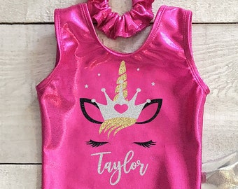 Personalized unicorn gymnastics leotards for girls, dance costume, toddler and kids birthday outfit.