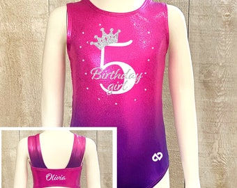 Personalized gymnastics leotard with Birthday girl and age number appliqué in Glitter