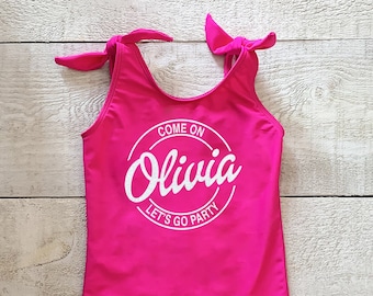 Come on lets go party ~ Personalized birthday girl swimsuit ~Girls Swimwear