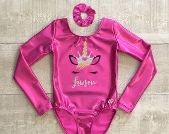 Unicorn gymnastics leotard with long sleeve personalized with name applique in glitter ~ size 2 to 12