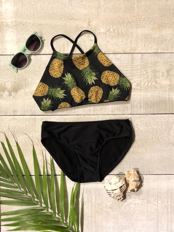 Girls Swimwear Reversible Two Piece Set Swimsuit PINEAPPLES Bathing Suit halter Top Bottom Kids Swimwearsize 4 to 16 Etsy Canada