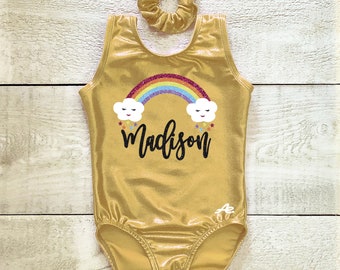 Rainbow gymnastics leotard personalized with name applique in glitter ~ size 2 to 10