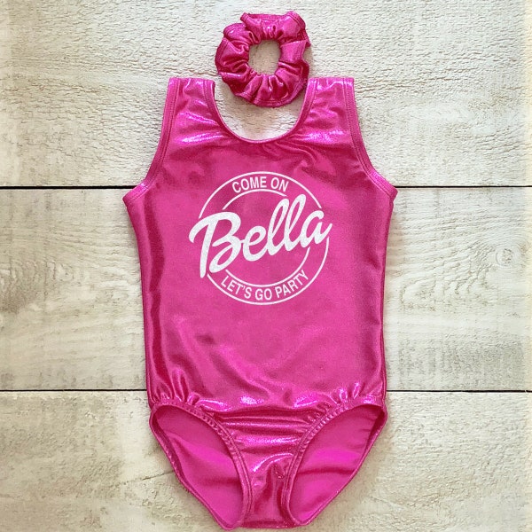 Personalized gymnastics leotard with white glitter "Come on lets go party"