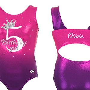 Personalized gymnastics leotard with Birthday girl and age number appliqué in Glitter