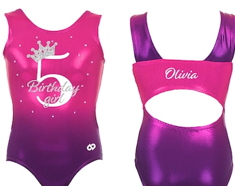 Personalized gymnastics leotard with Birthday girl and age number appliqué in Glitter