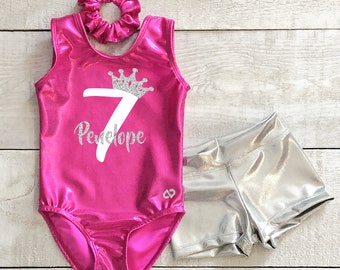 Gymnastics leotard personalized with name age and gymnast applique in glitter with short and hair scrunchies included