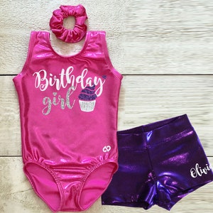 Personalized gymnastics leotard with birthday girl and cupcake applique in glitter