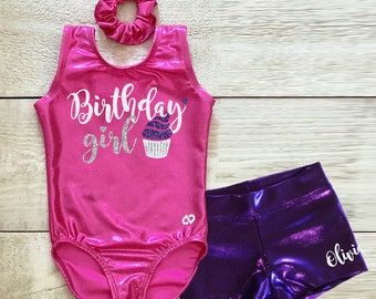 Personalized gymnastics leotard with birthday girl and cupcake applique in glitter