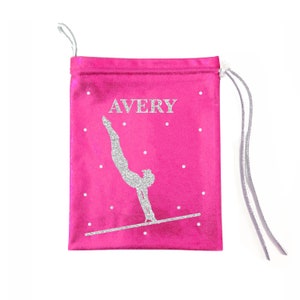 Gymnastics grip bag uneven bars personalized in glitter with Swarovski and  shinny silver cord