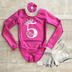 Birthday gymnastics leotard with long sleeve and shorts,  age number, name and crown in glitter, Birthday party,  Size 2 to 12