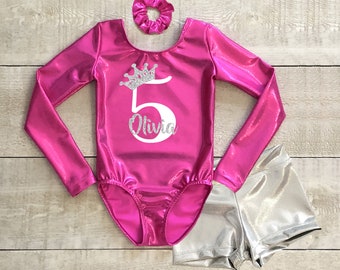 Birthday gymnastics leotard with long sleeve and shorts,  age number, name and crown in glitter, Birthday party,  Size 2 to 12