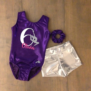 Gymnast Birthday leotard and short with name and age applique in glitter