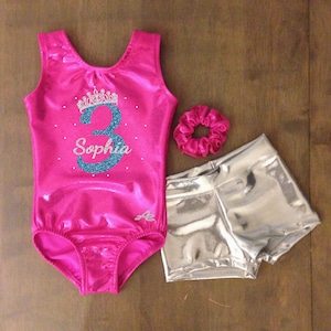 Crown Birthday gymnastics leotard and short with name and age applique in glitter and Swarovski