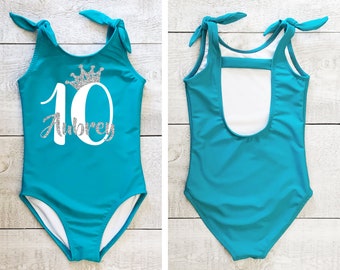 Personalized birthday girl swimsuit with age number and name ~ Girls Swimwear