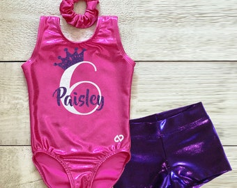 Birthday girl gymnastics leotard with crown, personalized with age number and name