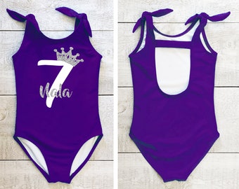 Personalized birthday girl swimsuit with age number and name ~ Girls Swimwear