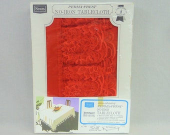 70s Red Lace Edge Christmas Tablecloth - Deadstock New in Package - No-Iron Polyester Blend - Vintage 1970s - 60" x 104" Oblong Rectangular