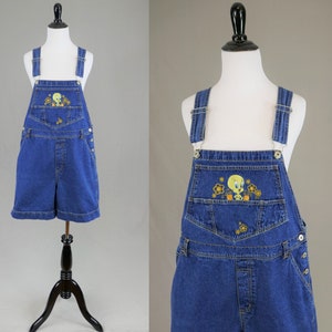 90s Tweety from Looney Tunes Shorts Overalls Embroidered Blue Cotton Jean Bib Shortalls Vintage 1990s XL Plus Size image 2