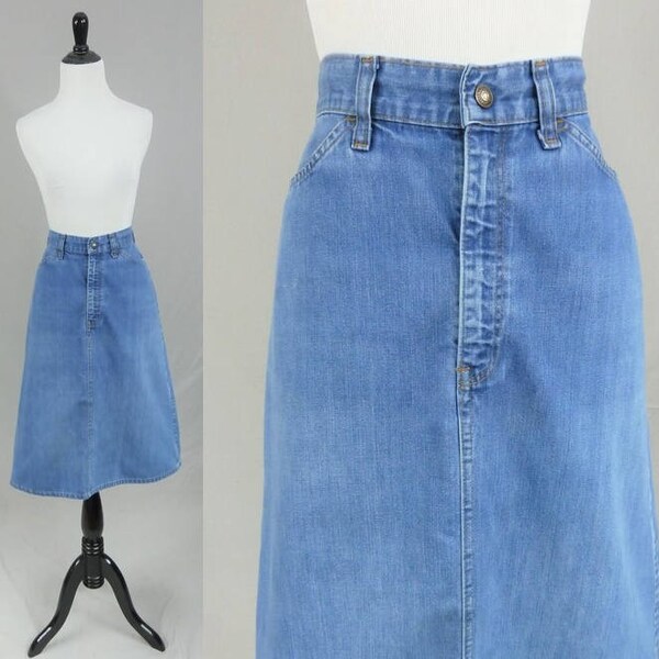 70s Levi's Skirt - Nicely Faded Blue Denim Jean Skirt - Orange Back Pocket Tab - Small e - High Waist Waisted - Vintage 1970s - 25" waist