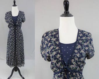 90s Long Floral Dress - Romantic Navy Blue Floral and Polka Dots - Polkadot Flower Dress - Starina Made in India - Vintage 1990s - S