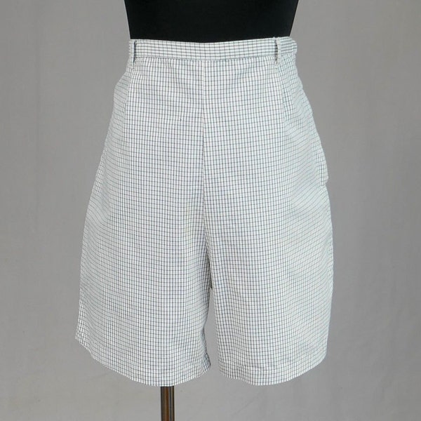 60s Windowpane Check Shorts - 30" waist - White Cotton w/ Black Stripes - High Waisted - Side Metal Zipper - Miss Holly - Vintage 1960s - M