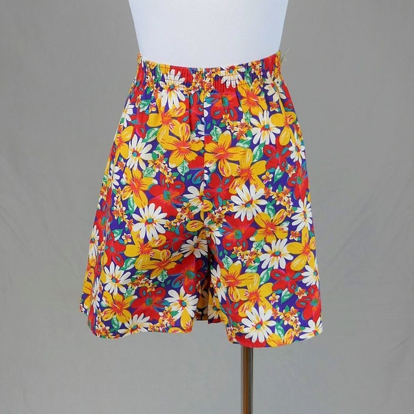90s Floral Shorts - Deadstock w/ Tag - Bright Vivid Colors - Elastic Waist Pull On - Vintage 1990s - M L