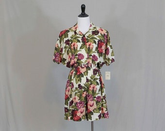 NWT 90s Floral Romper - White w/ Purple Pink Red Green Flowers - Deadstock One-Piece Outfit - Be Smart - Vintage 1990s - M