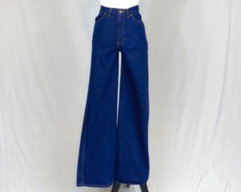 70s Brittania Flare Jeans - snug 25" waist, Teen Size - Dark Blue Cotton Denim Pants, Mid-High Rise - Vintage 1970s - 34.5" length Tall Long