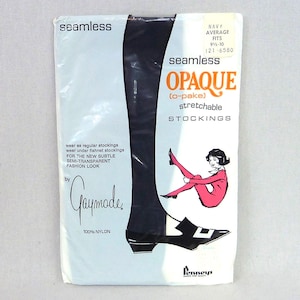 May include: A package of navy blue seamless opaque stretchable nylon stockings by Gaymode for Penneys. The packaging features text including 'seamless', 'OPAQUE', 'stretchable', 'STOCKINGS', '100% NYLON', and 'NAVY AVERAGE FITS 9 1/2-10'.