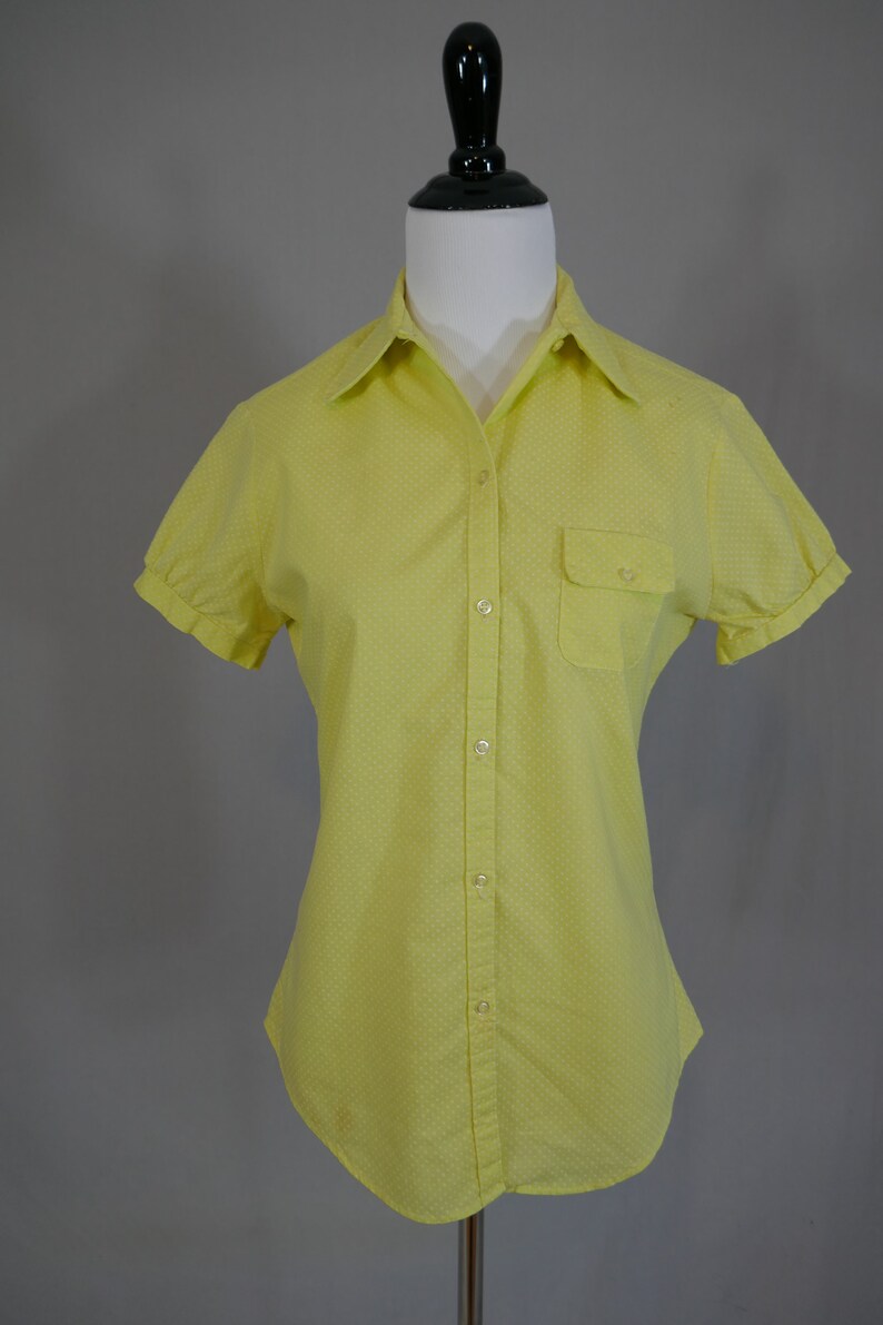 60s Yellow Blouse w/ Little White Dots Button Front Woven Cotton Short Sleeves Vintage 1960s S image 3
