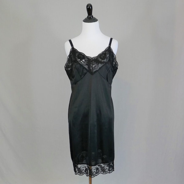 80s Black Slip - Lace Trim Full Nylon Dress Slip - Vintage 1980s - M 38