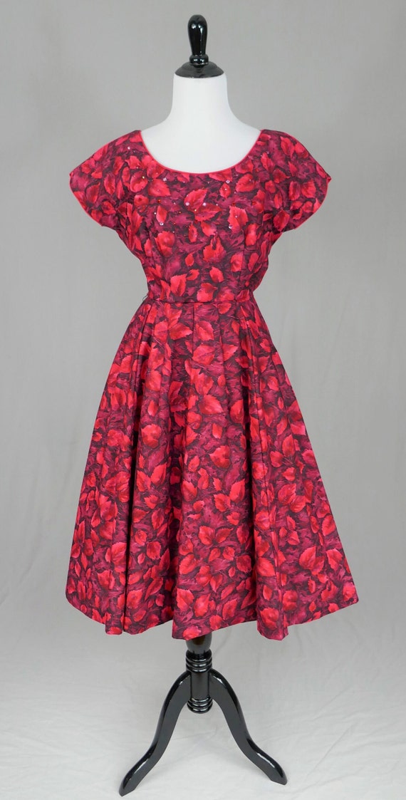 50s Red Leaf Print Dress - Rhinestones - Full Ski… - image 2